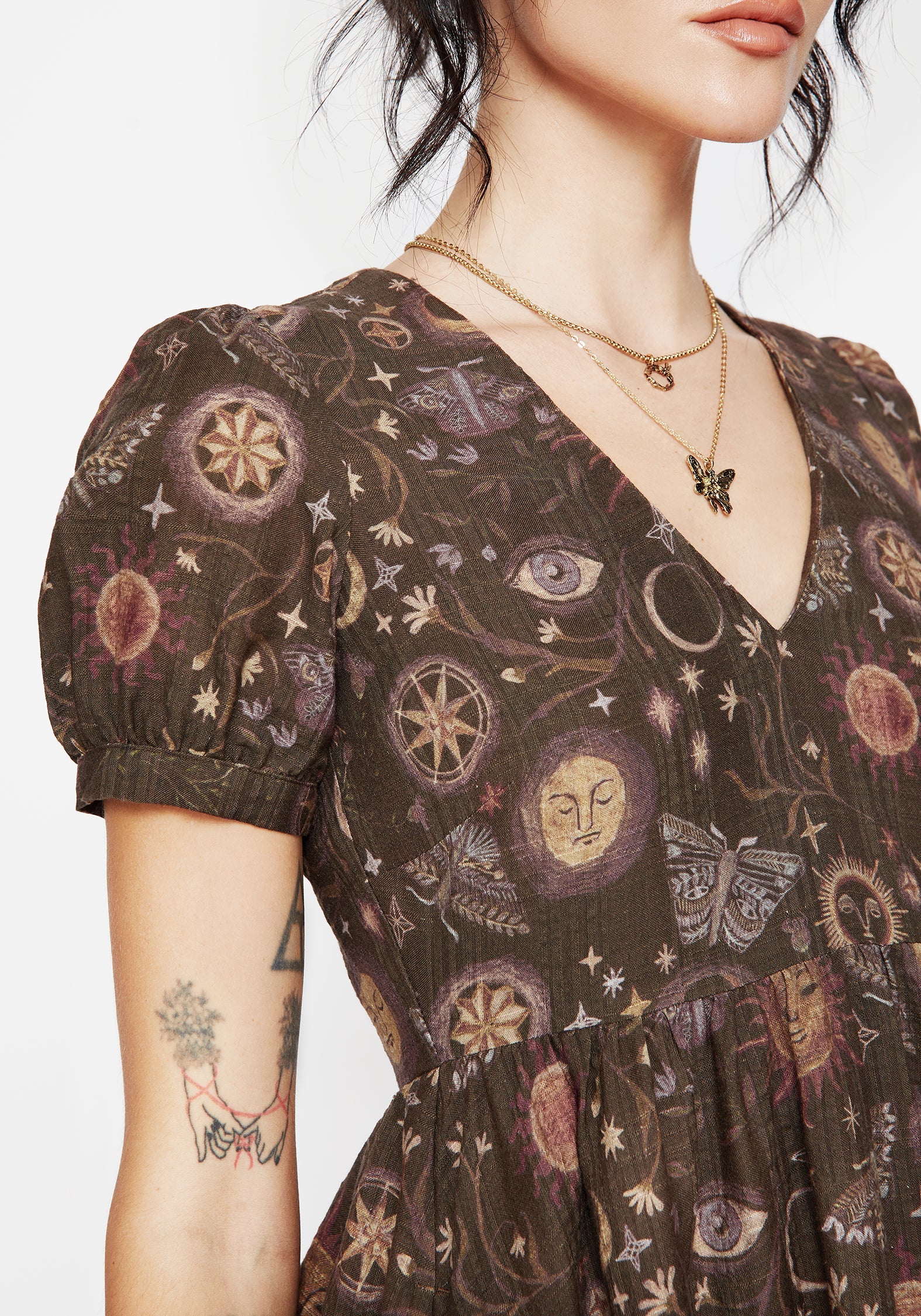 Rhea Baumwolle Mischung Motte Und Mond Druck Mini Rüsche Kleid