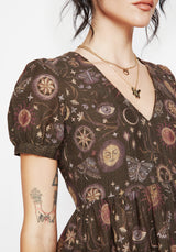 Rhea Baumwolle Mischung Motte Und Mond Druck Mini Rüsche Kleid