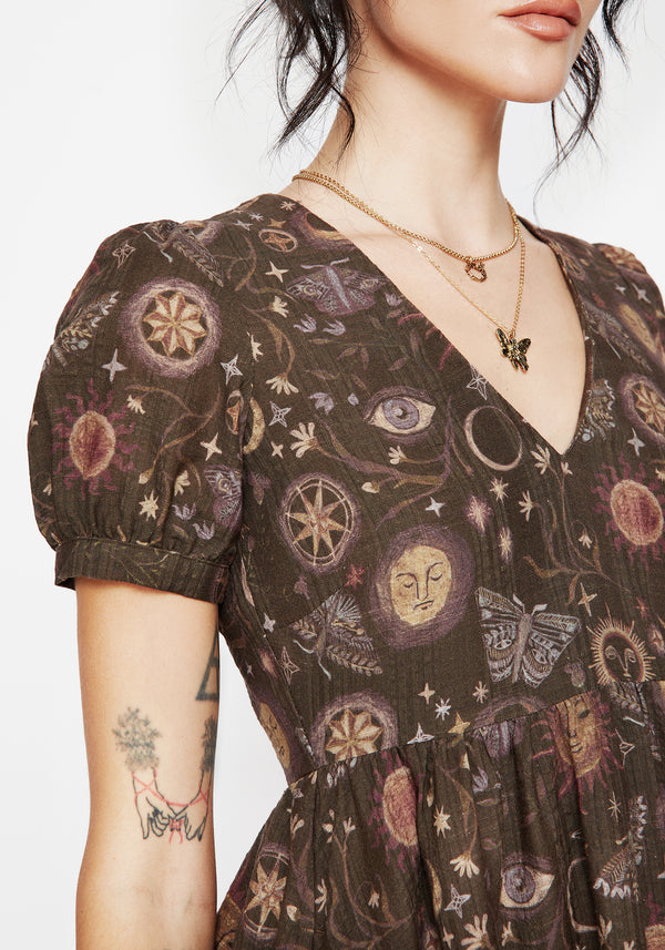 Rhea Baumwolle Mischung Motte Und Mond Druck Mini Rüsche Kleid