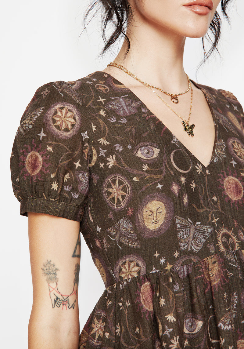 Rhea Baumwolle Mischung Motte Und Mond Druck Mini Rüsche Kleid
