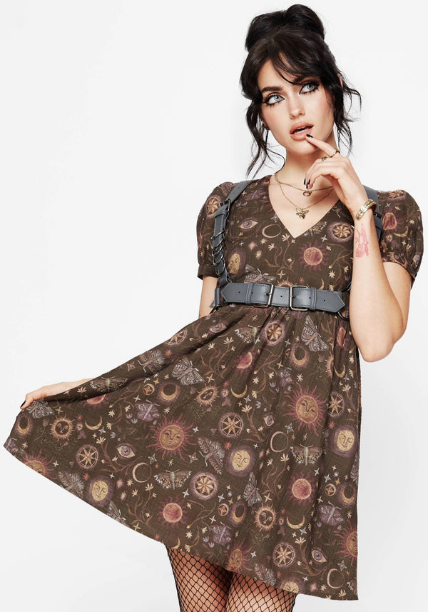 Rhea Baumwolle Mischung Motte Und Mond Druck Mini Rüsche Kleid