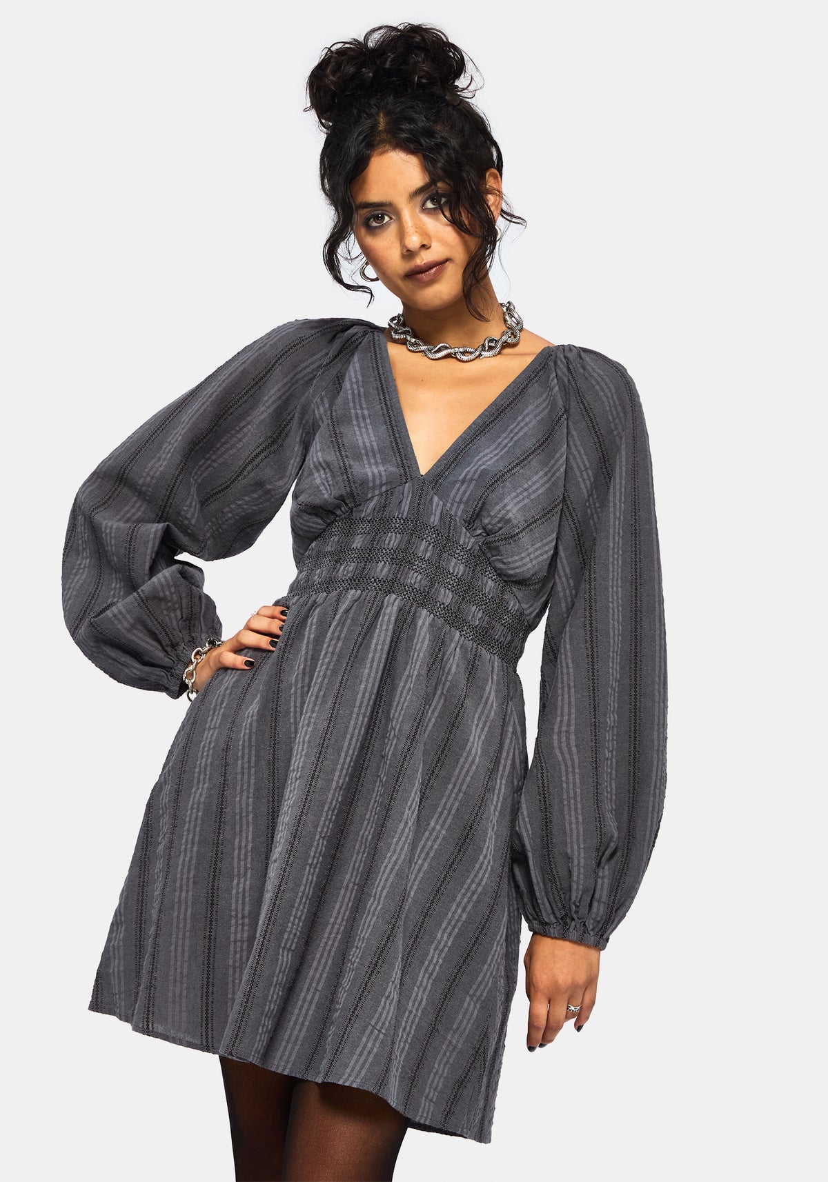 Grove Baumwolle Mischung Streifen Rüsche Mini Kleid