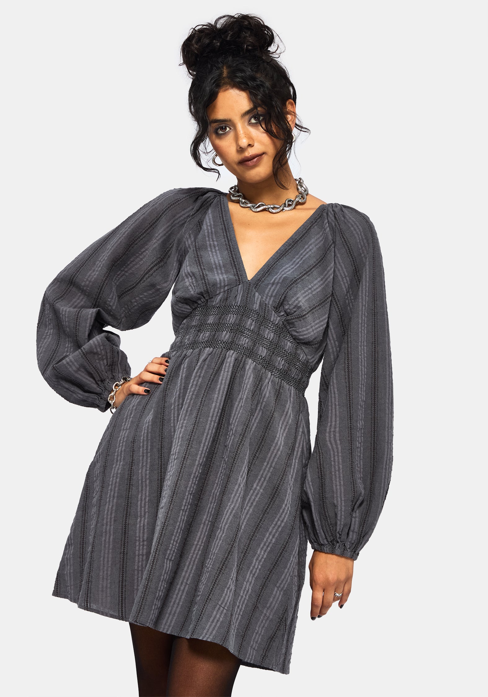 Grove Baumwolle Mischung Streifen Rüsche Mini Kleid