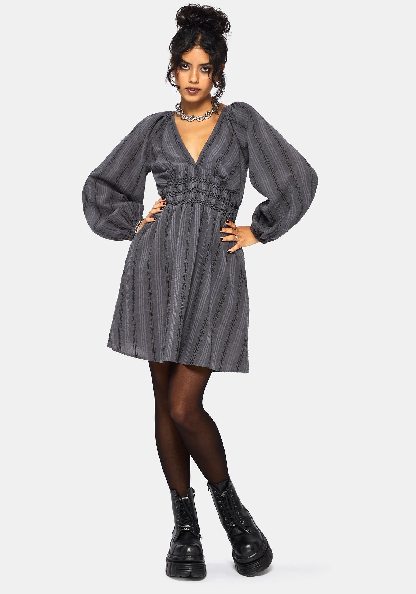 Grove Baumwolle Mischung Streifen Rüsche Mini Kleid