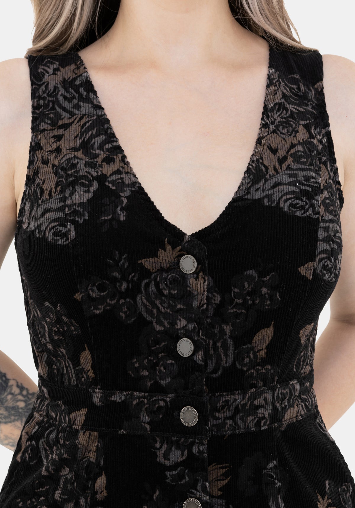 Fleur Cord Tief V Hals Blumenmuster Druck Mini Kleid