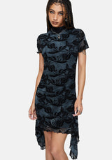 Bryn Blumenmuster Beflockt Mesh Taschentuch Saum Mini Kleid