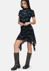 Bryn Blumenmuster Beflockt Mesh Taschentuch Saum Mini Kleid