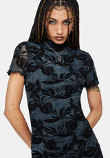 Bryn Blumenmuster Beflockt Mesh Taschentuch Saum Mini Kleid