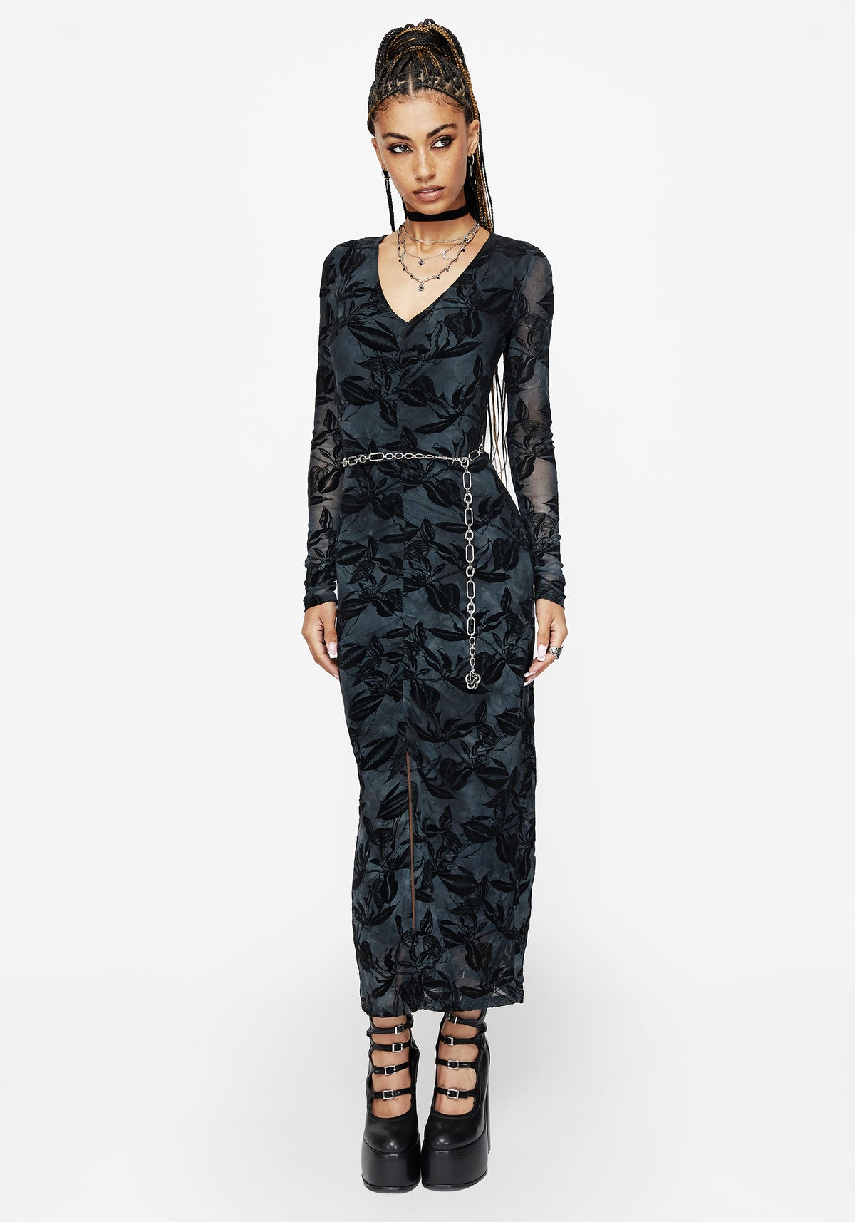 Bryn Blumenmuster Beflockt Mesh Gerafft Lang Ärmel Midaxi Kleid
