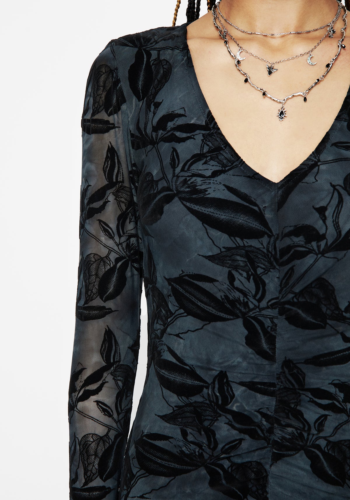 Bryn Blumenmuster Beflockt Mesh Gerafft Lang Ärmel Midaxi Kleid