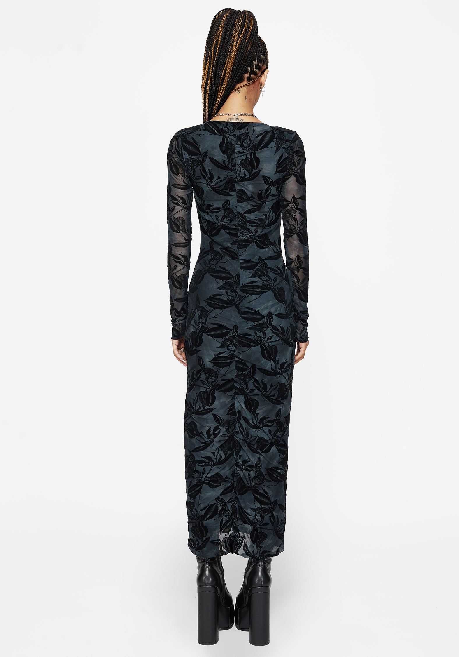 Bryn Blumenmuster Beflockt Mesh Gerafft Lang Ärmel Midaxi Kleid