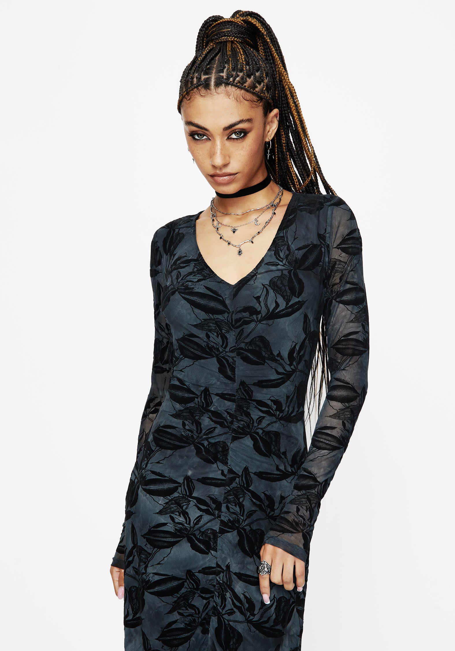 Bryn Blumenmuster Beflockt Mesh Gerafft Lang Ärmel Midaxi Kleid
