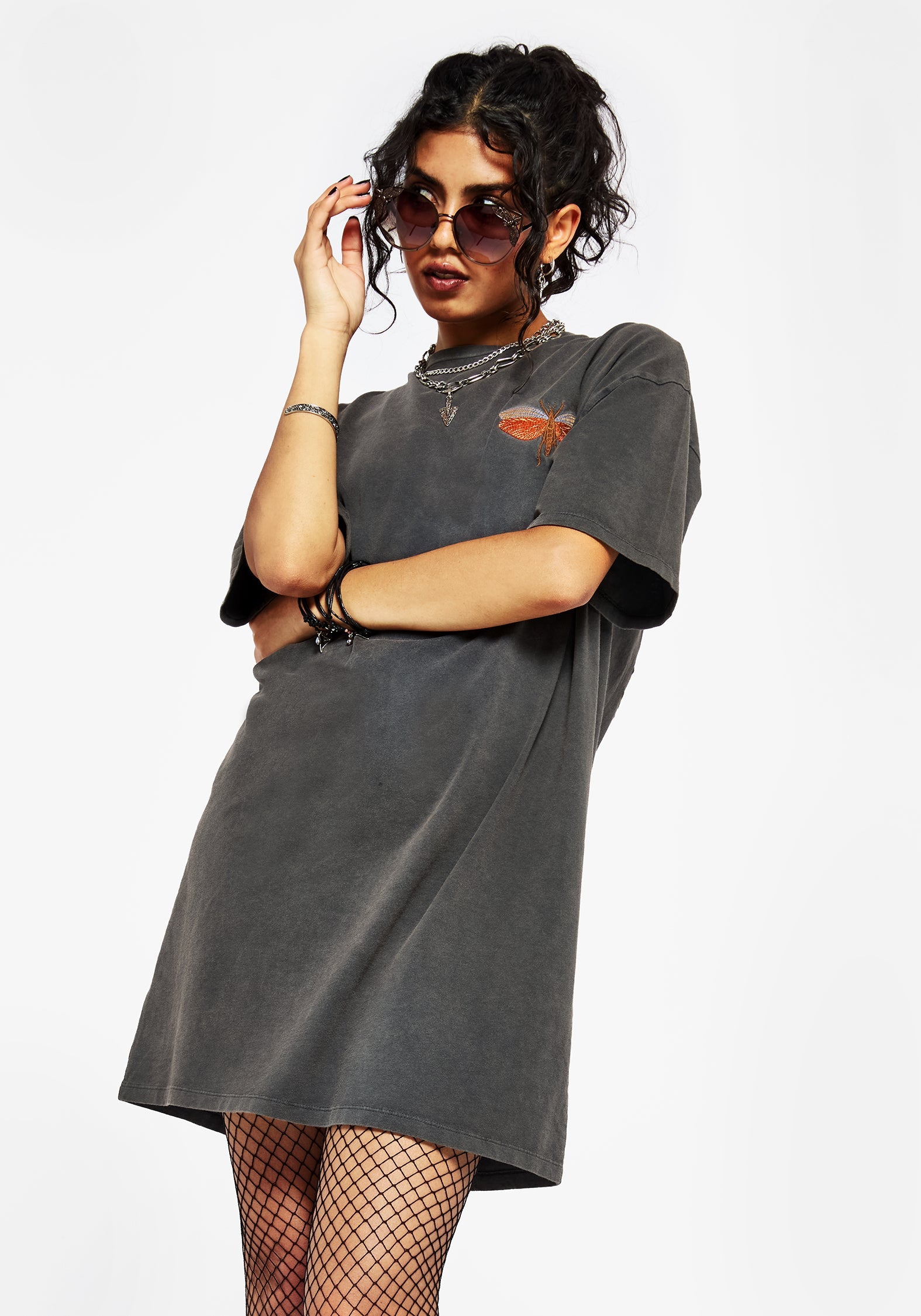 Griffinfly Baumwolle Bestickt Jersey Mini T-Shirt Kleid