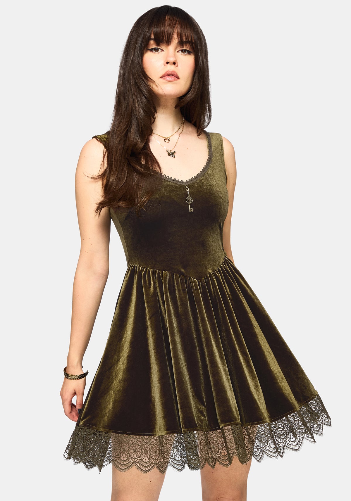 Orbweb Spitze Saum Velours Mini Kleid - Dunkel Grün