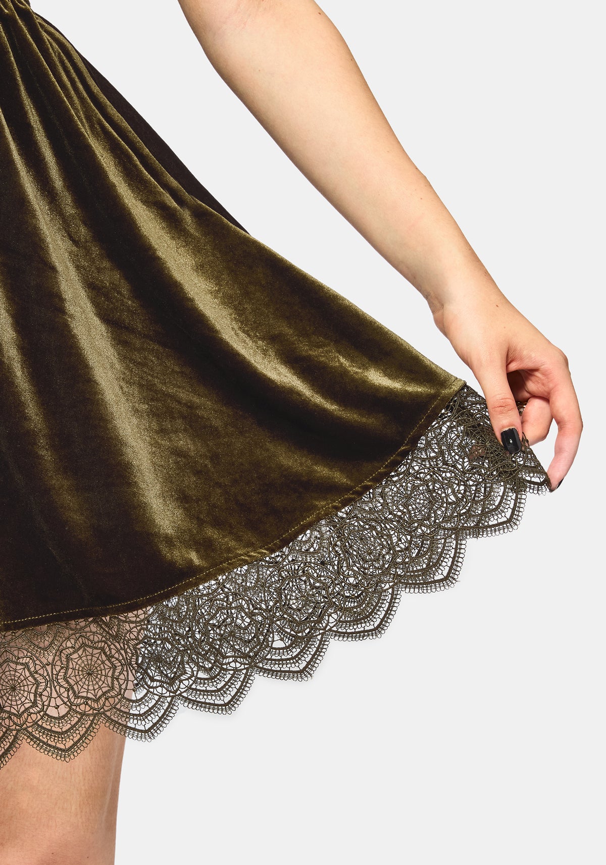 Orbweb Spitze Saum Velours Mini Kleid - Dunkel Grün