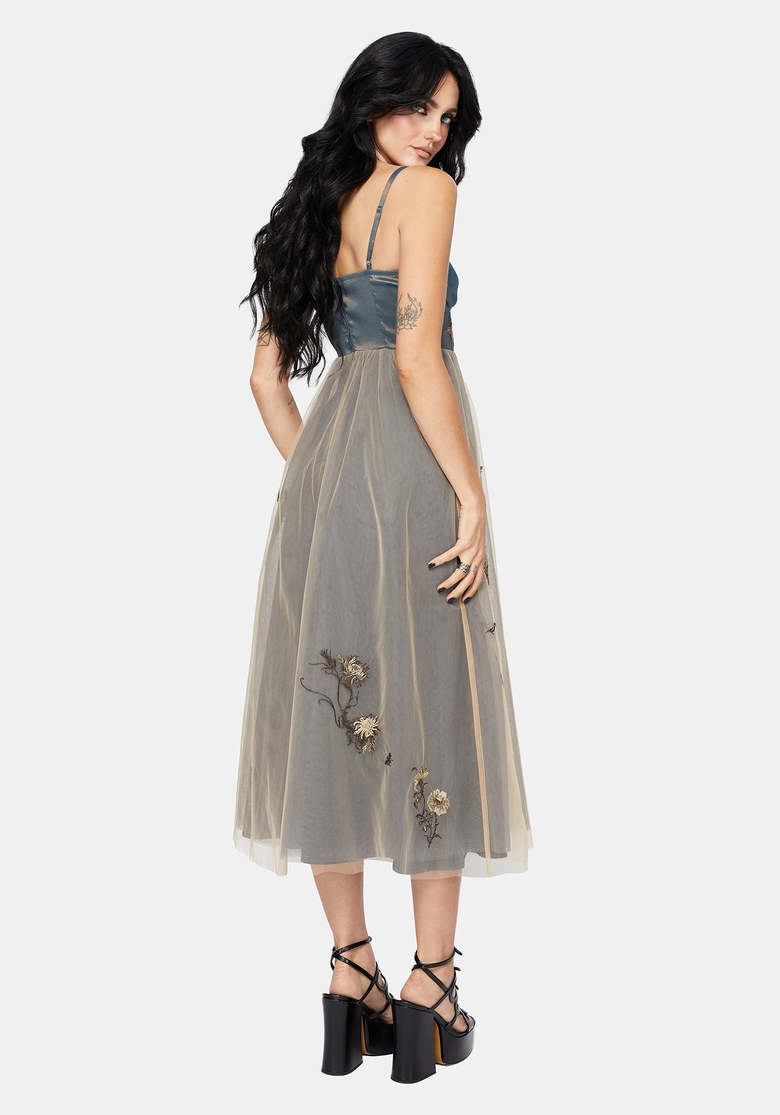 Whim Drache Bestickt Tüll Midaxi Kleid