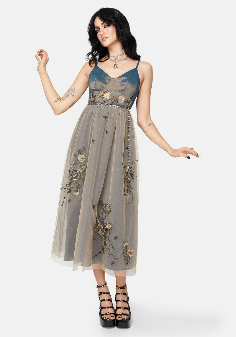 Whim Dragon Embroidered Tulle Midaxi Dress