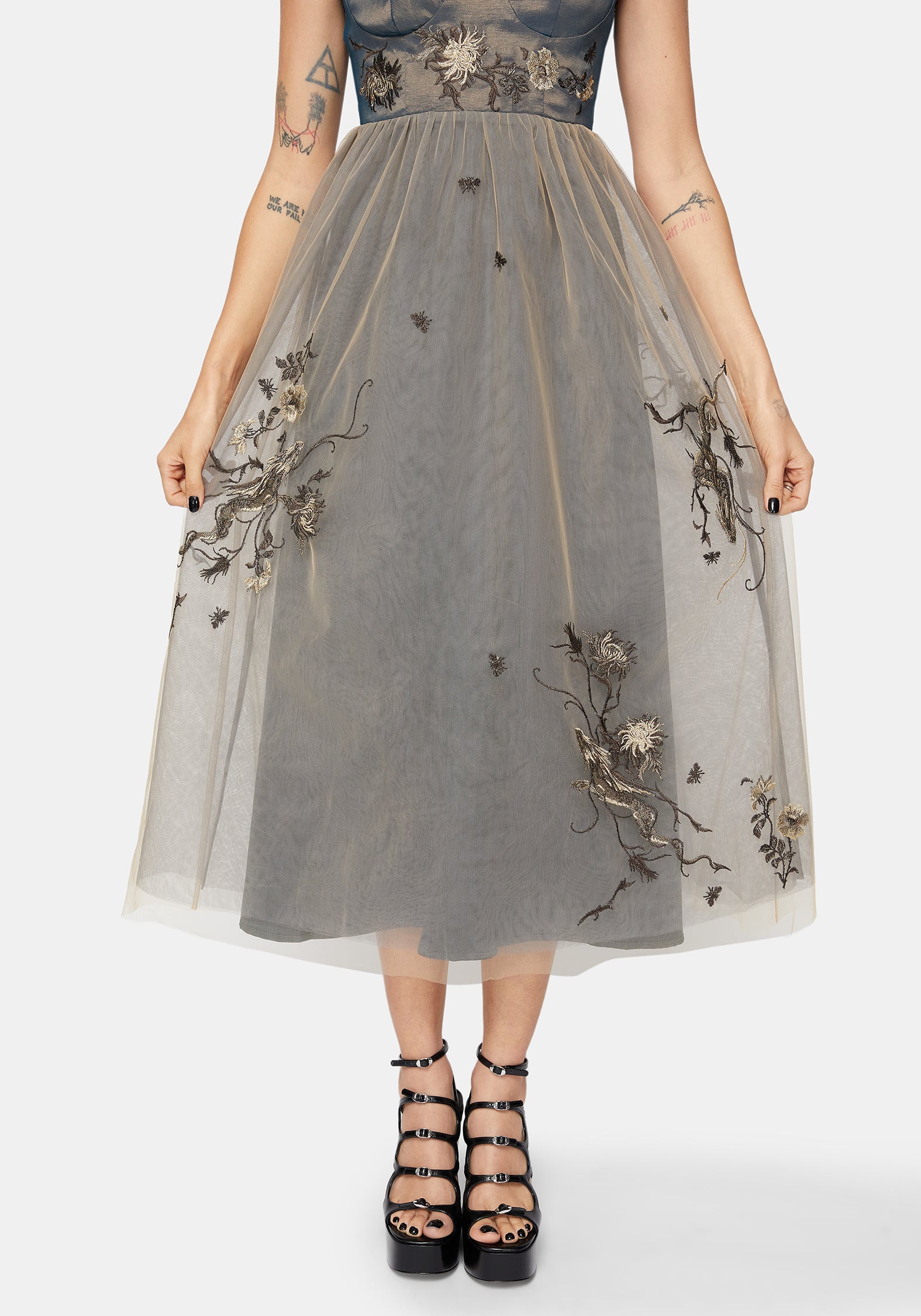 Whim Drache Bestickt Tüll Midaxi Kleid