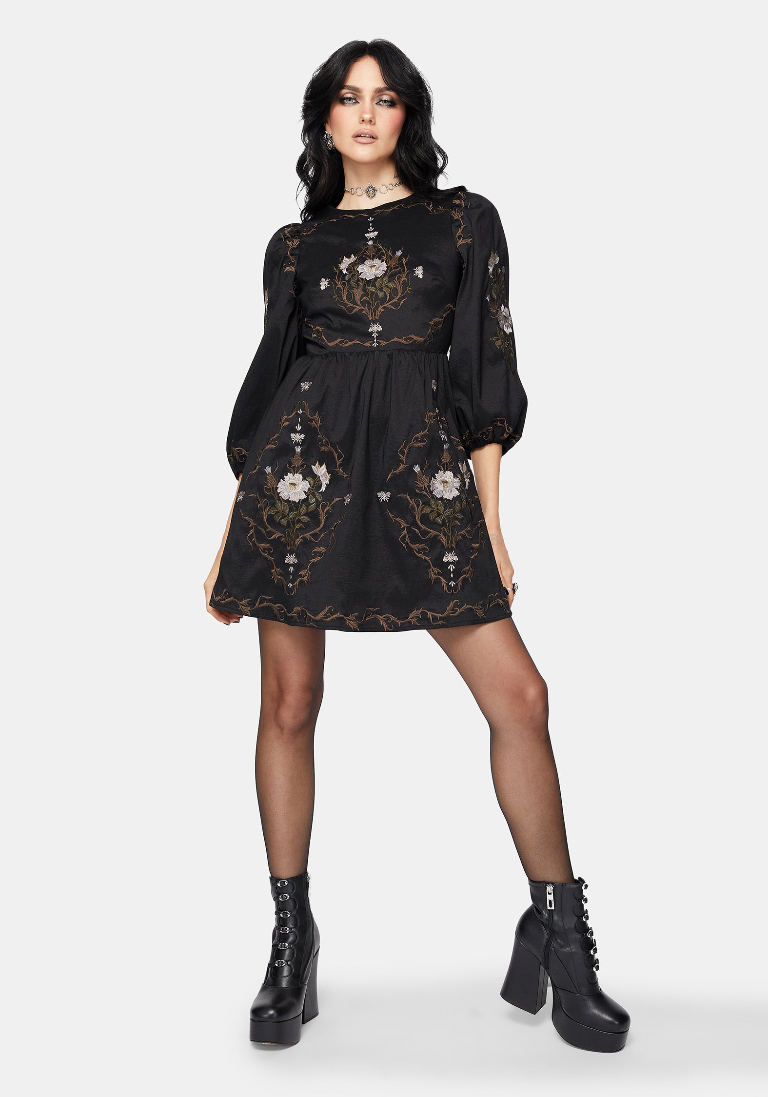 black embroidered flowers topstitching long sleeve mini dress Embellished Mini Dress With Open Back and Beaded Flowers 46005