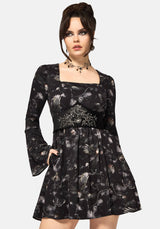 Crimson Magpie and Moth Print Mini Ruffle Dress