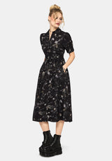 Crimson Magpie and Moth Print Midi Shirt Dress