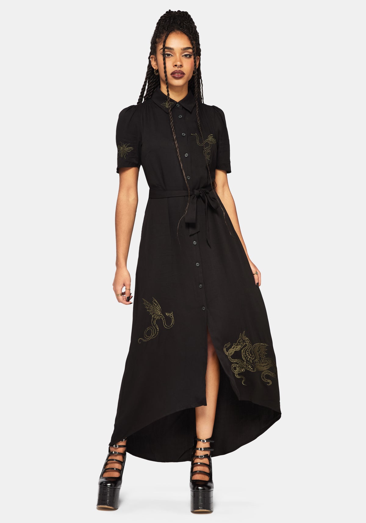 Isara Drache Bestickt Hoch Low Midaxi Hemd Kleid