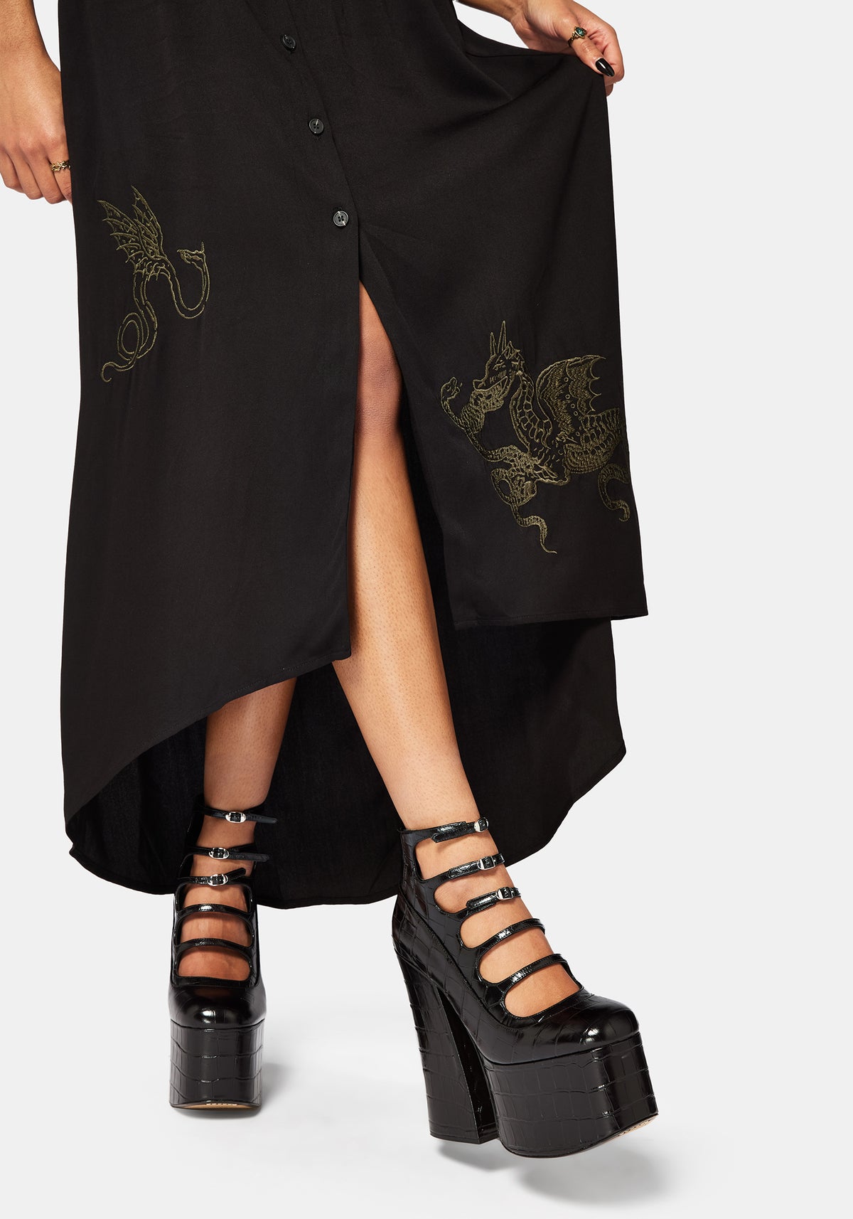 Isara Drache Bestickt Hoch Low Midaxi Hemd Kleid