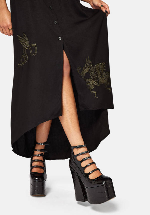 Isara Dragon Embroidered High Low Midaxi Shirt Dress