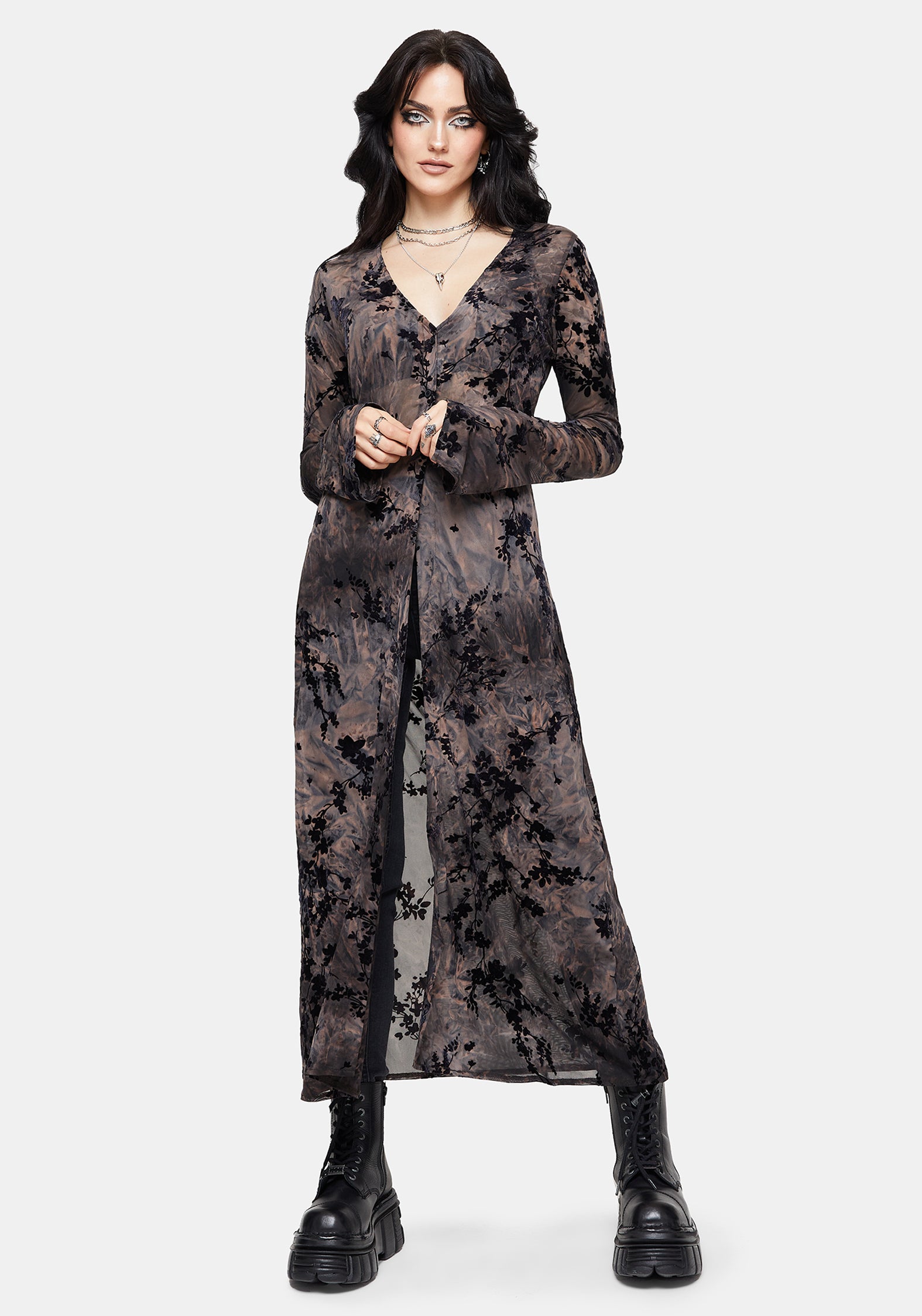 Monroe Flocked Mesh Long Sleeve Midaxi Overdress EU 38
