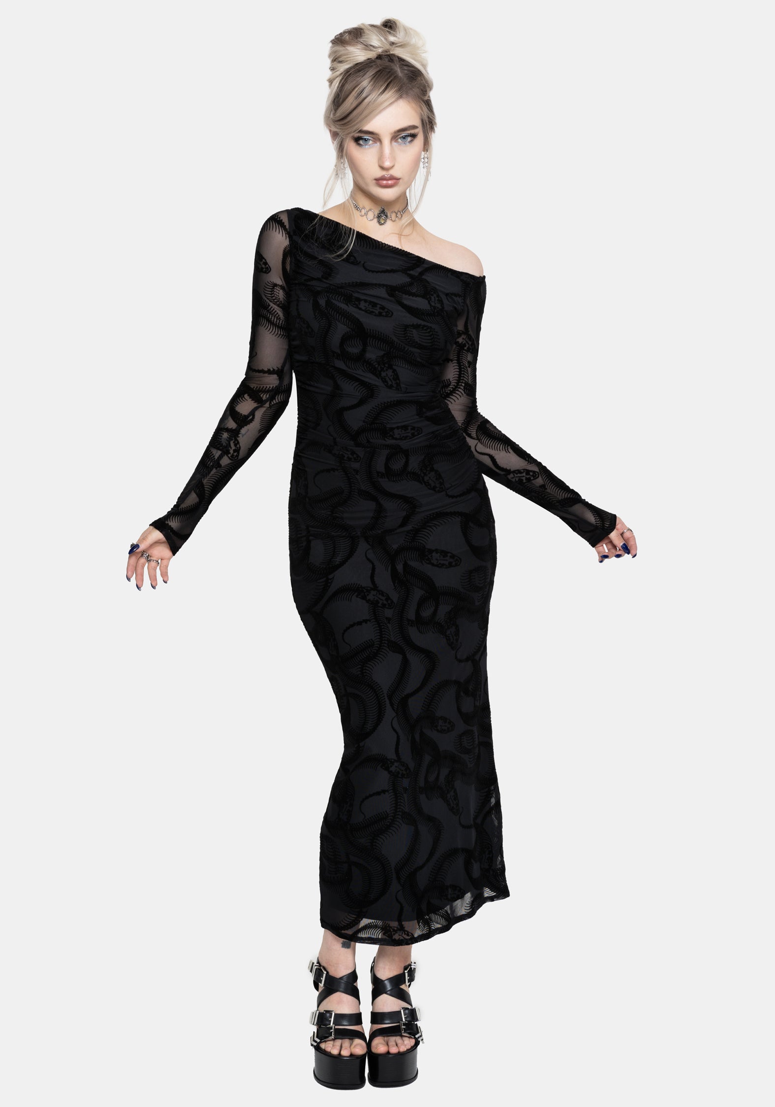 Paleo Beflockt Mesh Skelett Schlange Lang Ärmel Midaxi Kleid