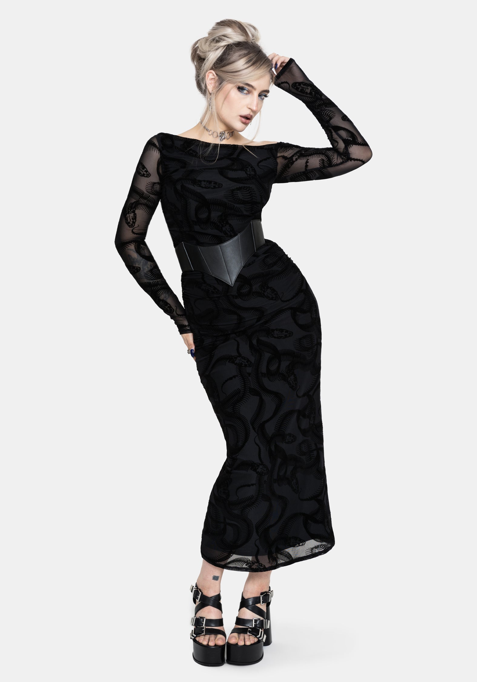 Paleo Beflockt Mesh Skelett Schlange Lang Ärmel Midaxi Kleid