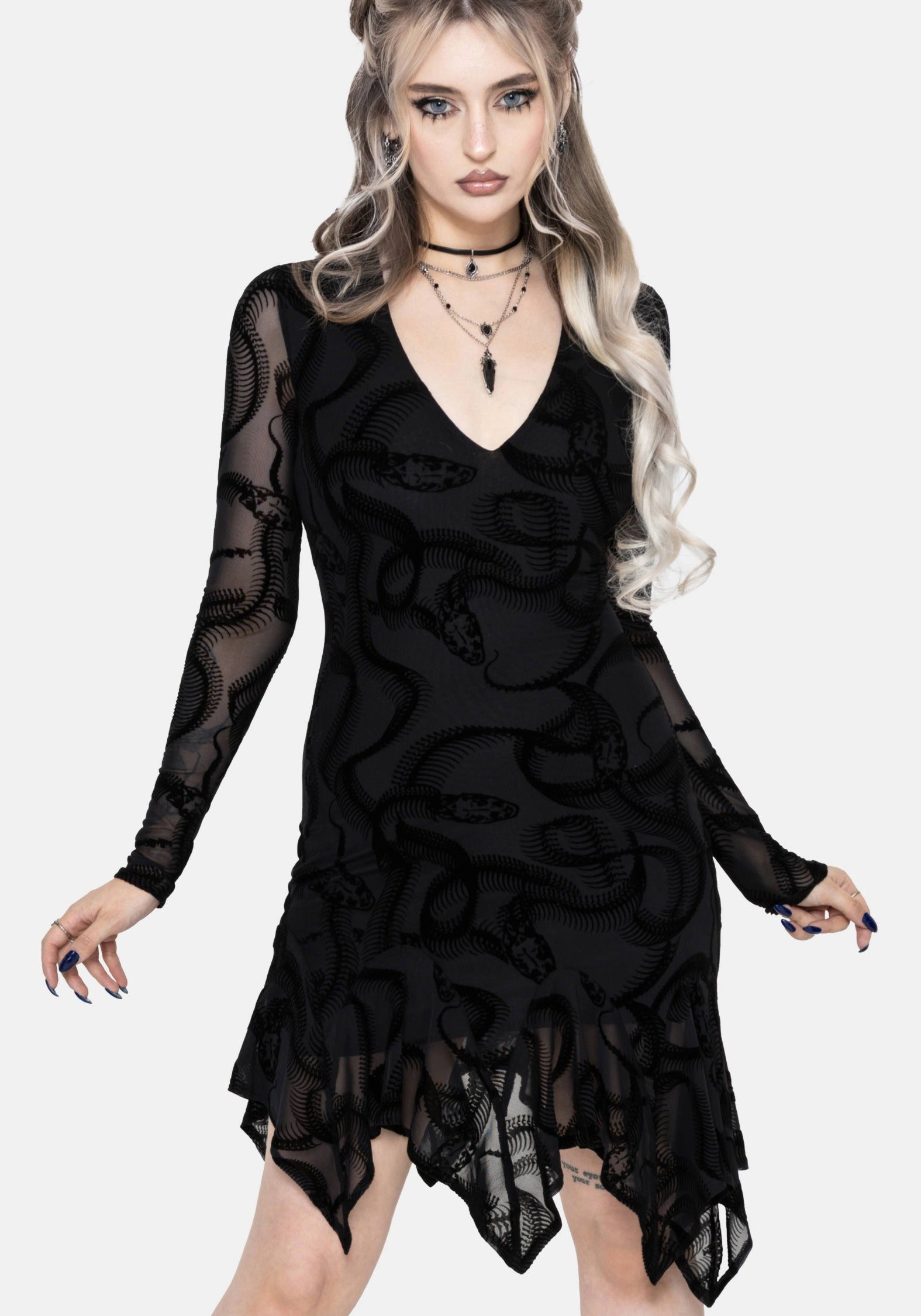 Paleo Beflockt Mesh Skelett Schlange Asymmetrisch Taschentuch Saum Mini Kleid