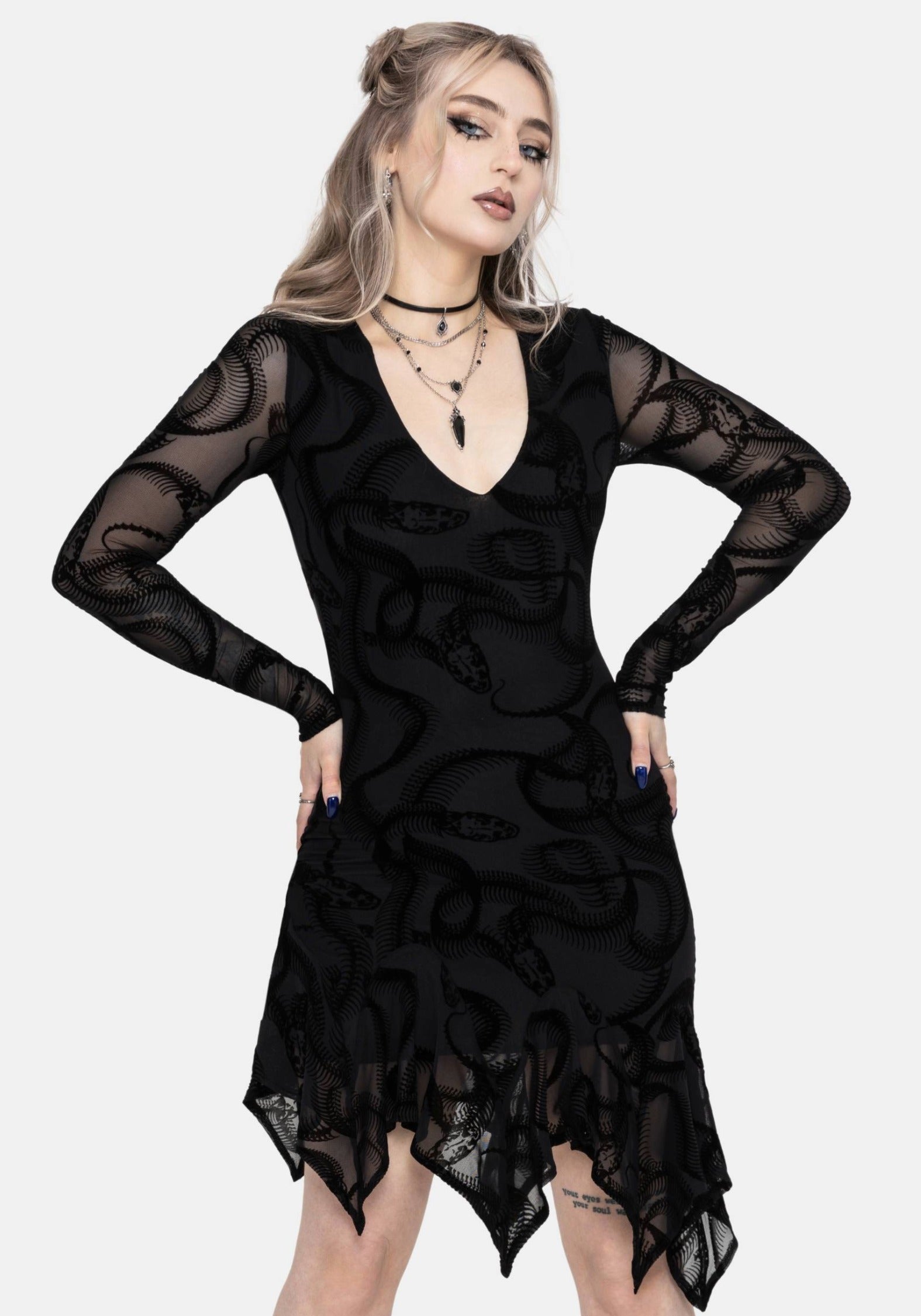 Paleo Beflockt Mesh Skelett Schlange Asymmetrisch Taschentuch Saum Mini Kleid