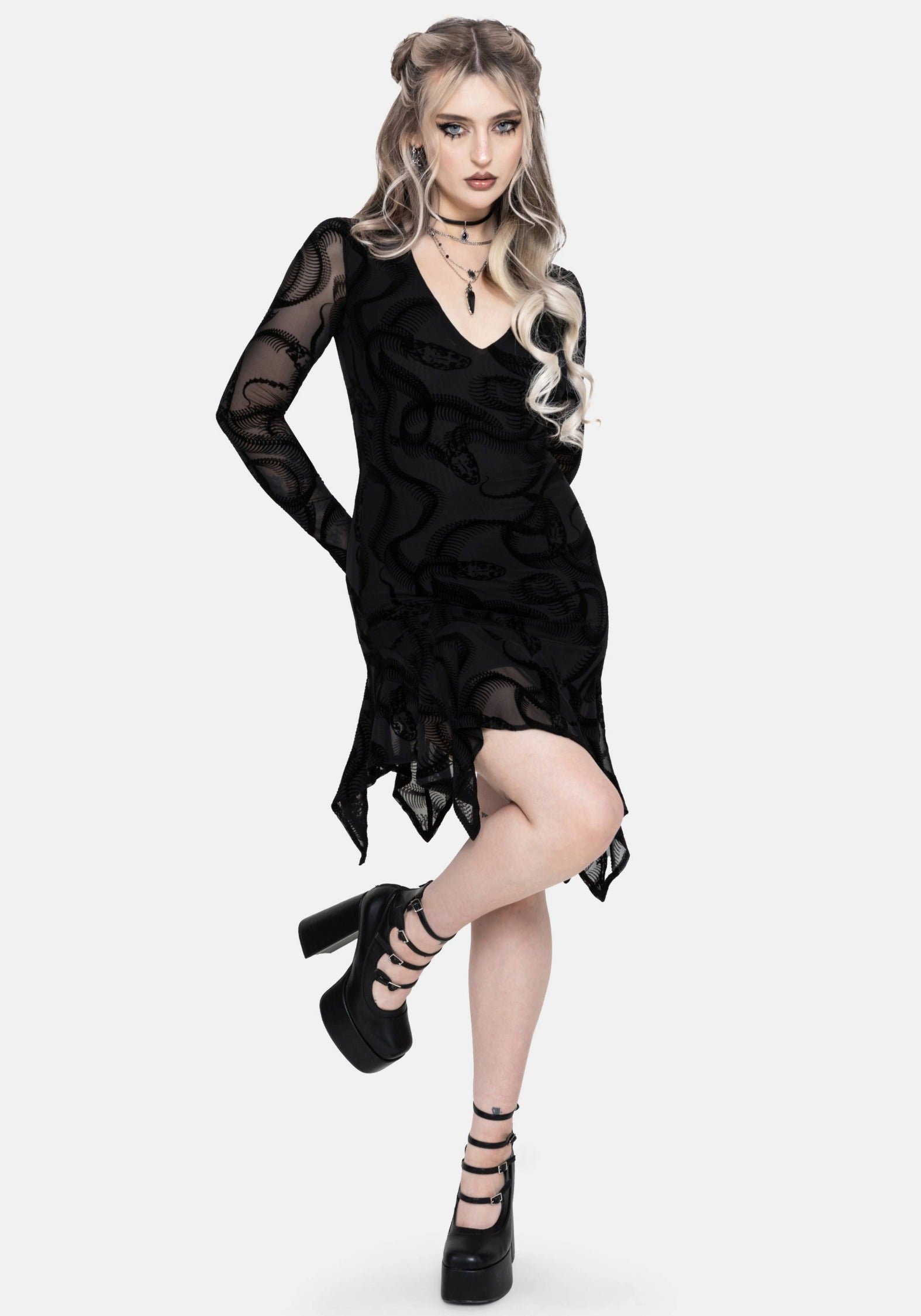 Paleo Beflockt Mesh Skelett Schlange Asymmetrisch Taschentuch Saum Mini Kleid