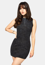 Despair Baumwolle Bestickt Säure Waschen Ribbed Mini Kleid