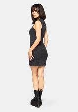Despair Baumwolle Bestickt Säure Waschen Ribbed Mini Kleid