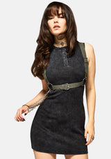 Despair Baumwolle Bestickt Säure Waschen Ribbed Mini Kleid