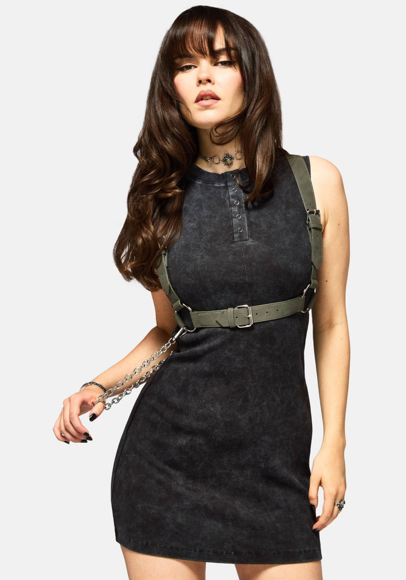 Despair Baumwolle Bestickt Säure Waschen Ribbed Mini Kleid