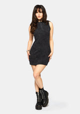 Despair Baumwolle Bestickt Säure Waschen Ribbed Mini Kleid