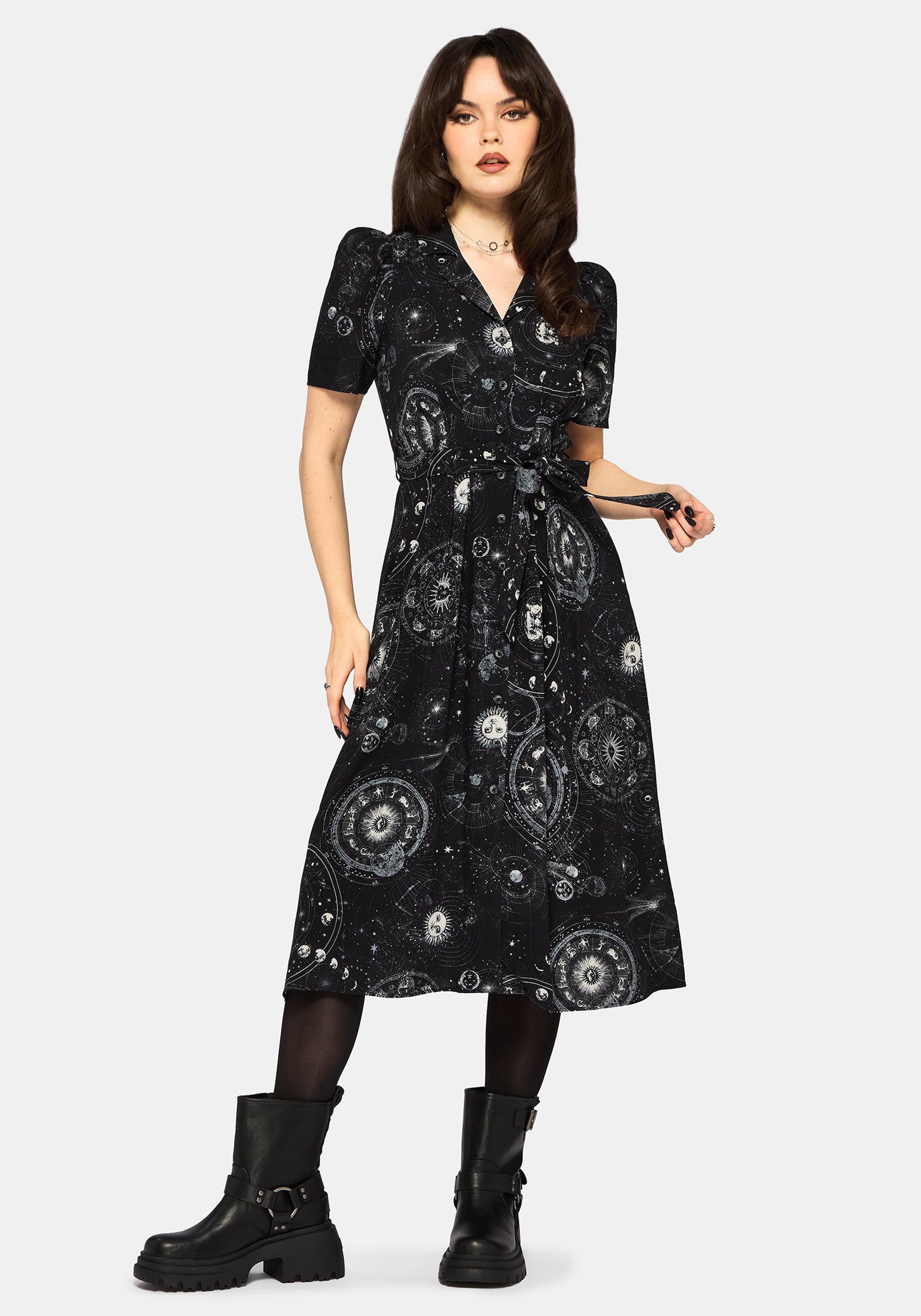 Elise Celestial Druck Puffärmel Ärmel Midaxi Hemd Kleid