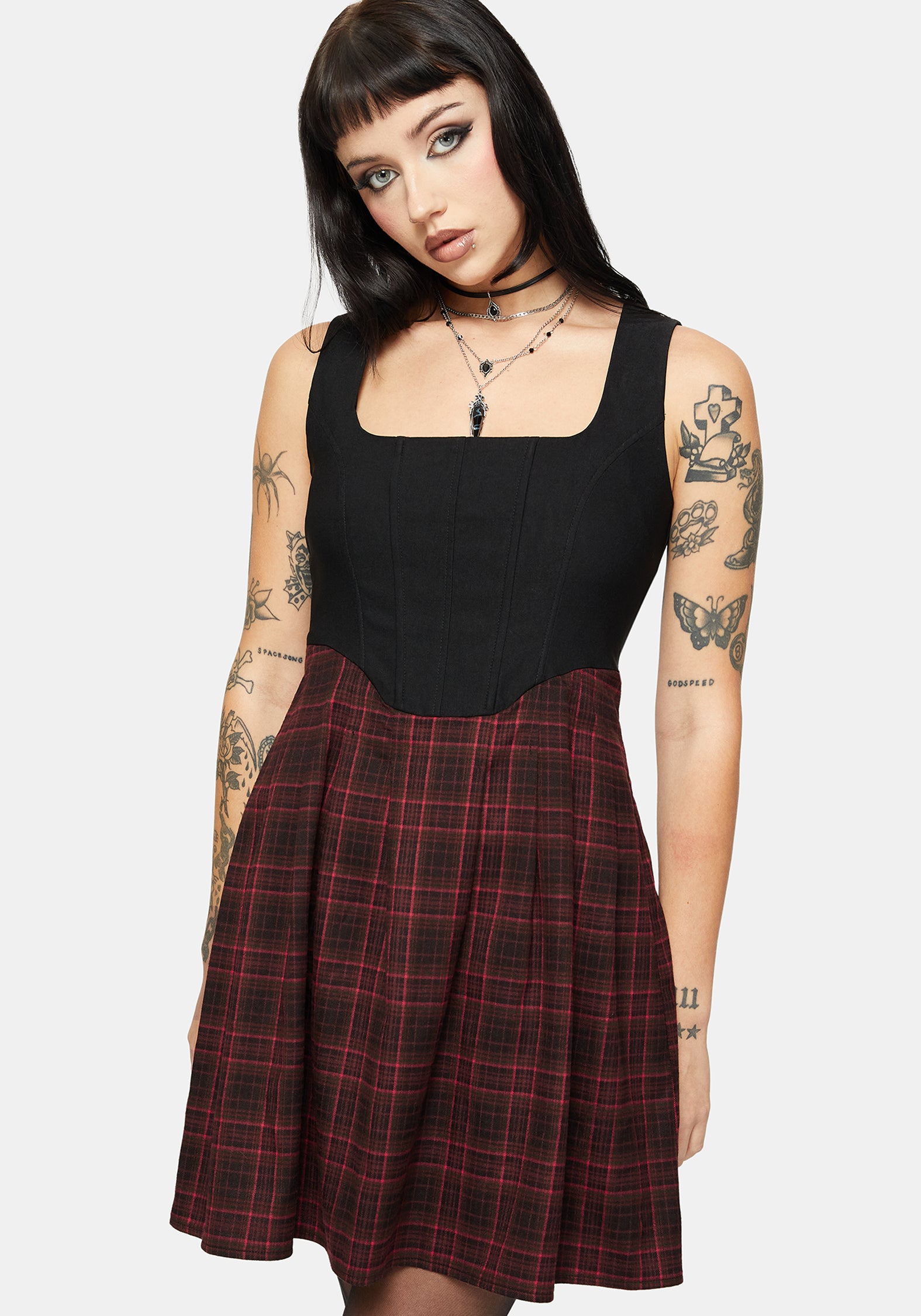 Bonnie Mixed Korsett Prüfen Plissiert Mini Kleid