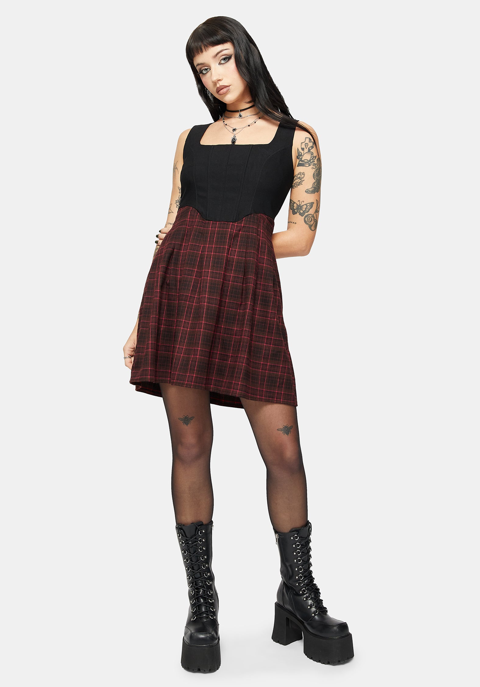 Bonnie Mixed Korsett Prüfen Plissiert Mini Kleid