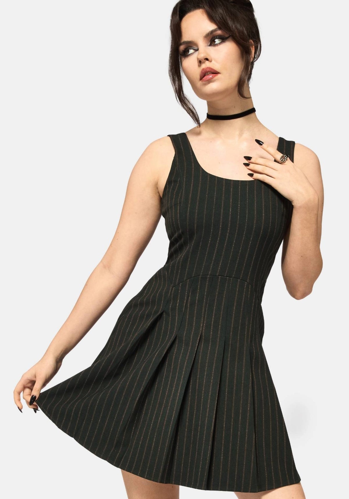 Kera Grün Nadelstreifen Plissiert Mini Kleid