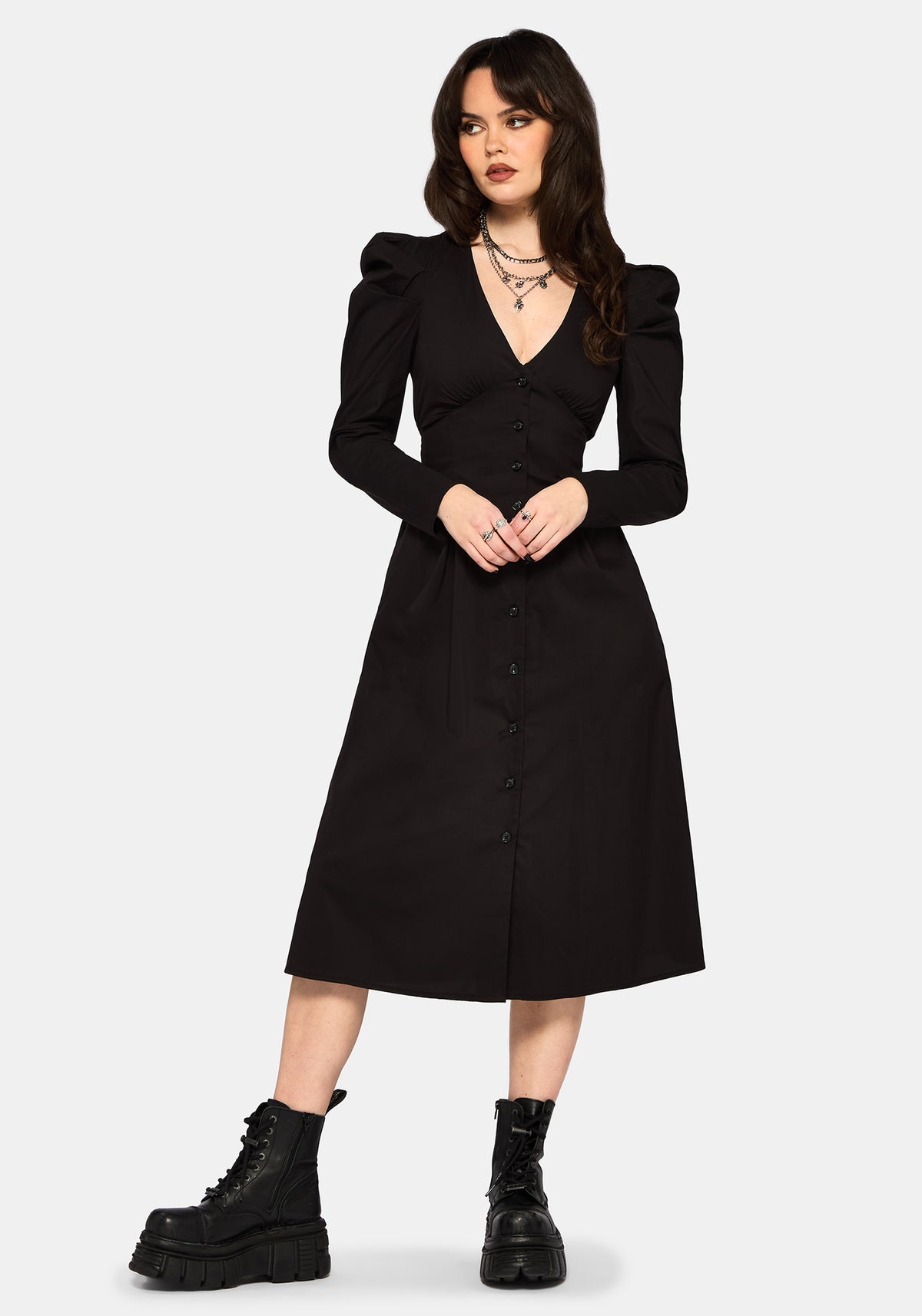 Morag Knopf Hoch Mutton Ärmel Baumwolle Midi Kleid