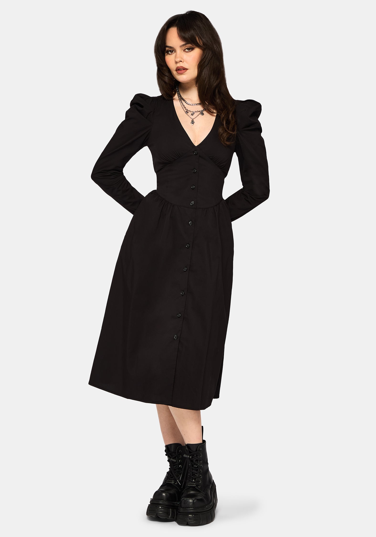 Morag Knopf Hoch Mutton Ärmel Baumwolle Midi Kleid