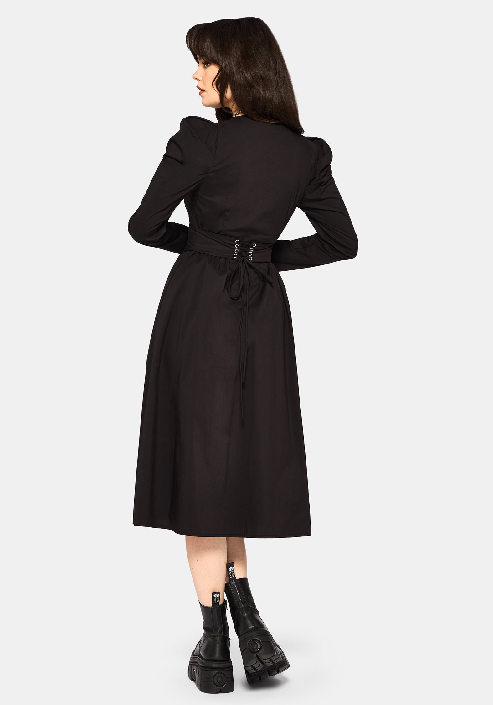 Morag Knopf Hoch Mutton Ärmel Baumwolle Midi Kleid
