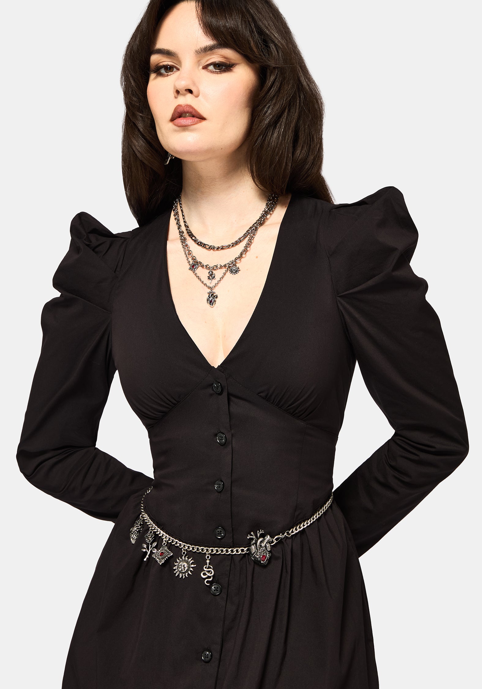 Morag Knopf Hoch Mutton Ärmel Baumwolle Midi Kleid