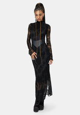 Hexborn Baba Yaga High Neck Flocked Long Sleeve Mesh Maxi Dress