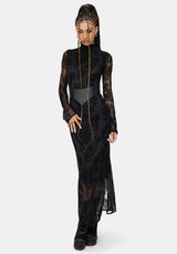 Hexborn Baba Yaga High Neck Flocked Long Sleeve Mesh Maxi Dress