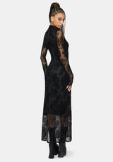 Hexborn Baba Yaga High Neck Flocked Long Sleeve Mesh Maxi Dress